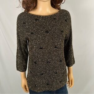 Ruby Rd Black Gold Fuzzy Metallic 3/4 Sleeve Sweater Size Small